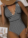 Striped Plunge Sleeveless One-Piece Swimwear