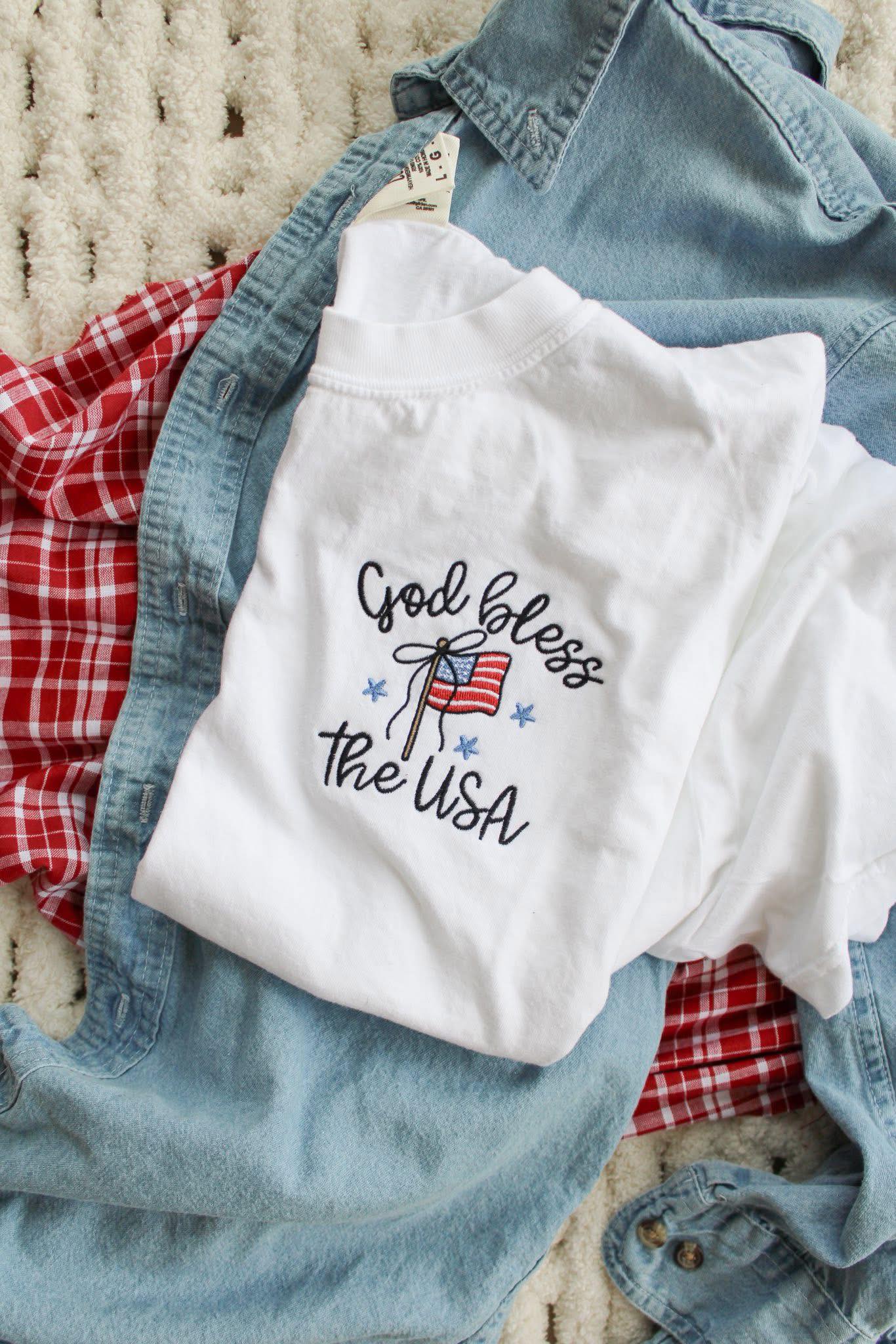 God Bless The USA Embroidered Tees