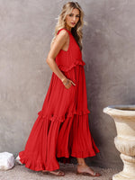 Ruffled Sleeveless Tiered Maxi Dress with Pockets