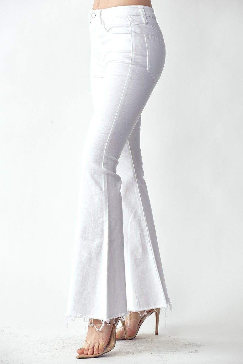 RISEN Mid-Rise Raw Hem Flare Jeans in White – Crescent Creations