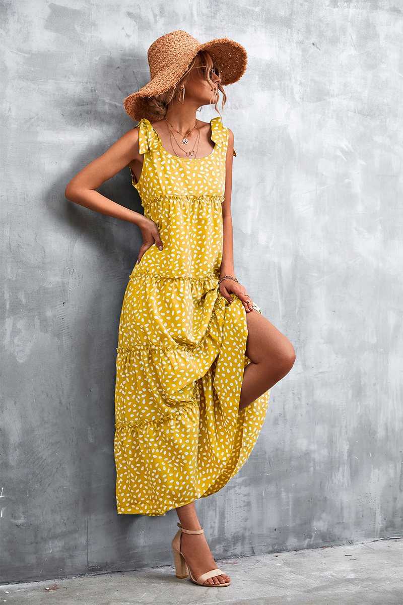 All Over Print Tie-Shoulder Tiered Ruffle Swing Dress