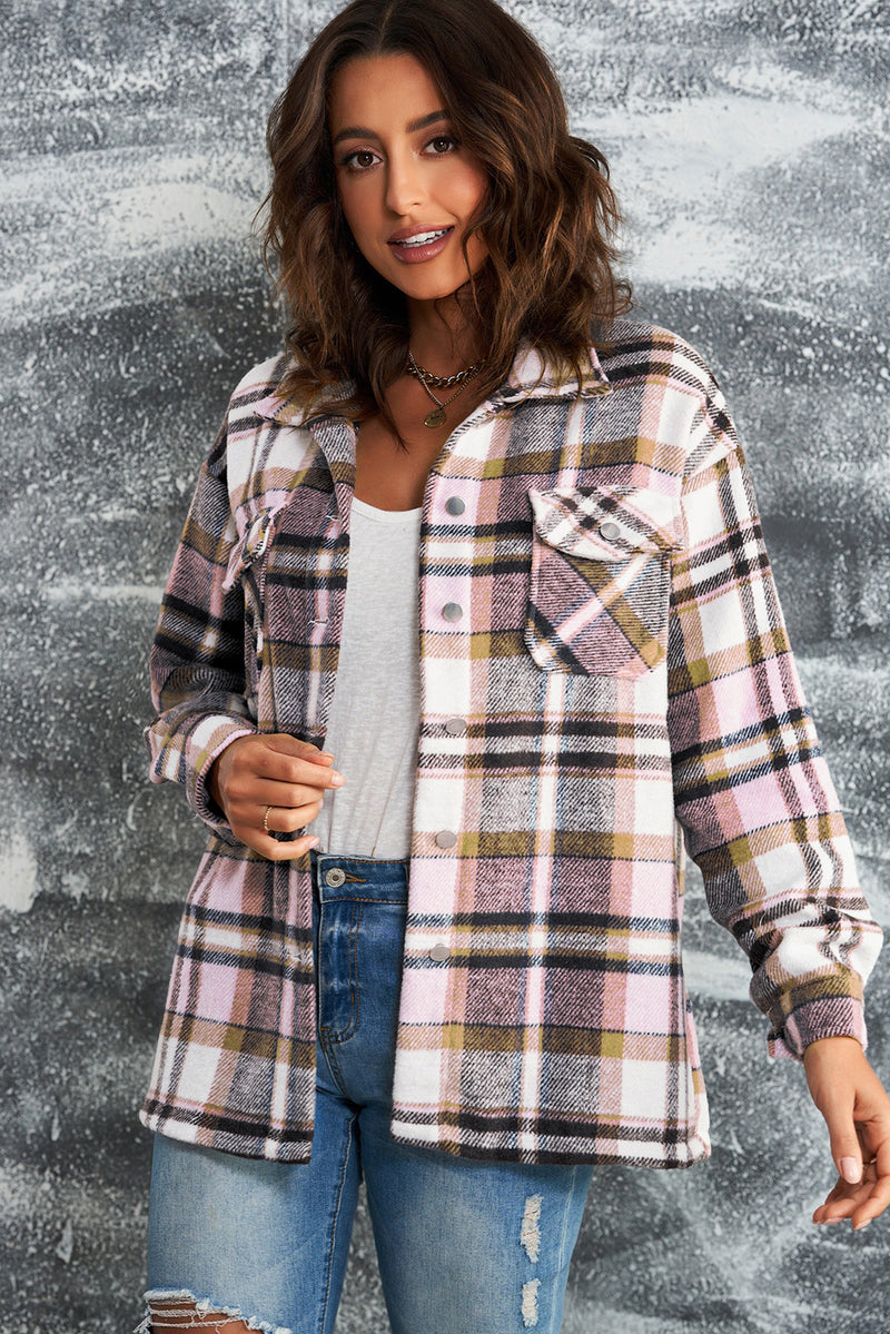 Plaid Button Front Shirt Jacket with Pockets