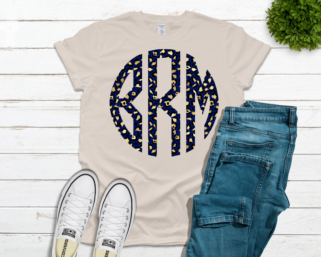 Navy and Gold Leopard Monogrammed Tee